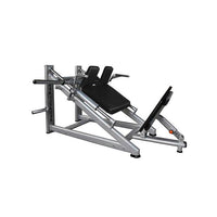 Thumbnail for Silver plate-loaded hack squat machine with black padded seat and footplate.