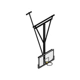 Ceiling-hung basketball backstop with a clear backboard, black rim, and black support structure.