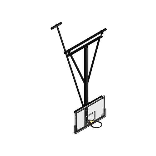Ceiling-hung basketball backstop with a clear backboard, black rim, and black support structure.