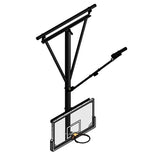 Black single-post ceiling-hung basketball backstop with clear rectangular backboard and orange rim.