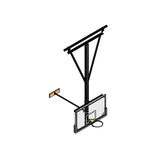 Black ceiling-hung basketball backstop with a clear rectangular backboard and orange rim.