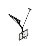 Ceiling-hung basketball backstop with a clear backboard, black support structure, and an orange rim.