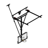Ceiling-hung basketball backstop with clear backboard, black frame, and folding mechanism.