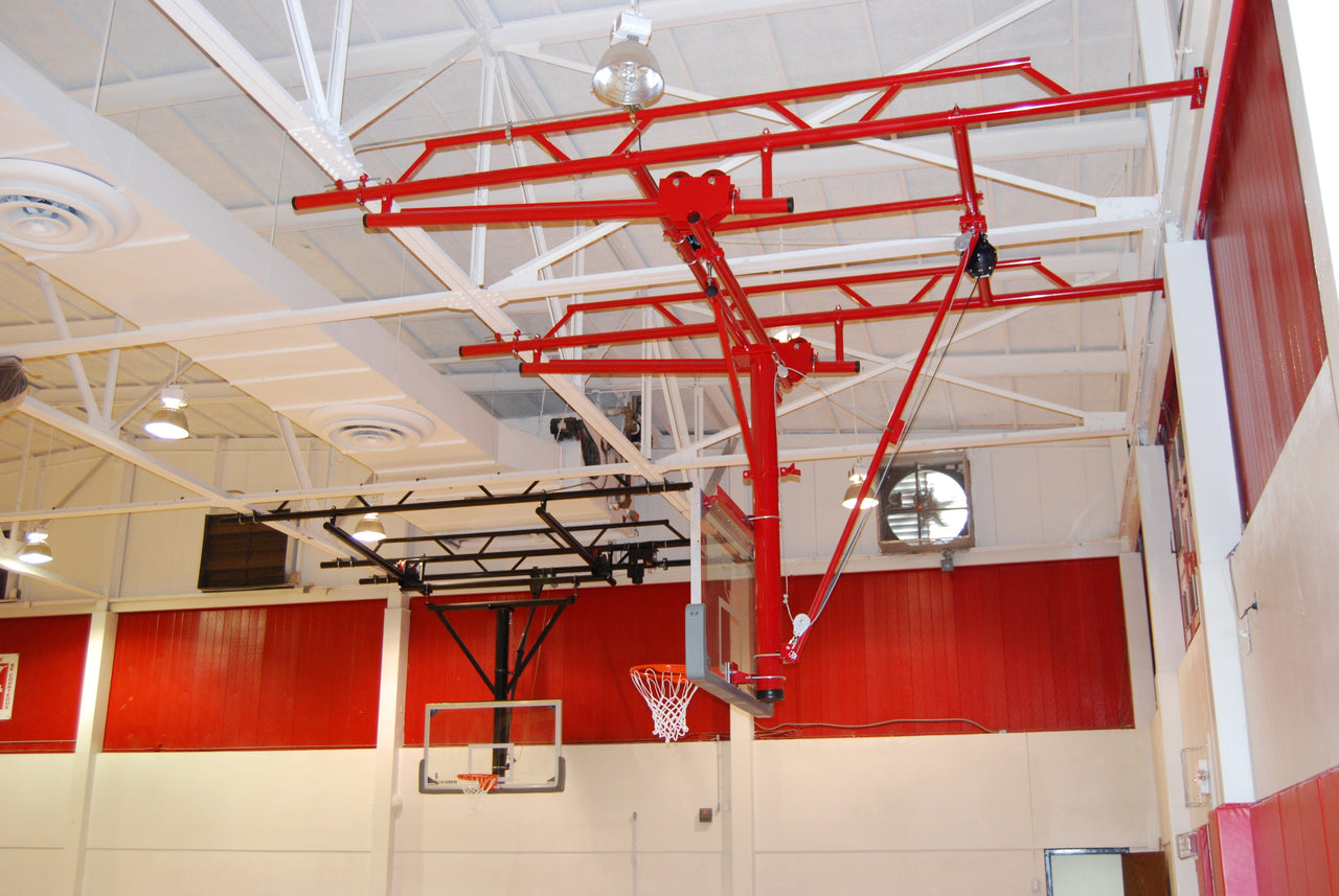 Single Post Rear-Braced Roll-Fold Ceiling Hung Basketball Backstop