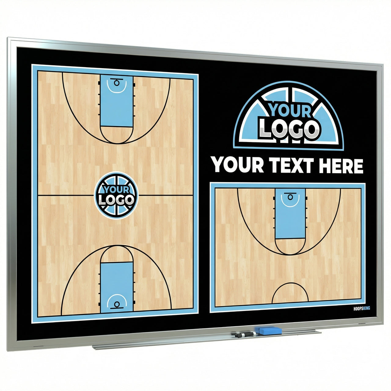 Custom basketball whiteboard with full and half court diagrams, "YOUR LOGO" and "YOUR TEXT HERE" placeholders.
