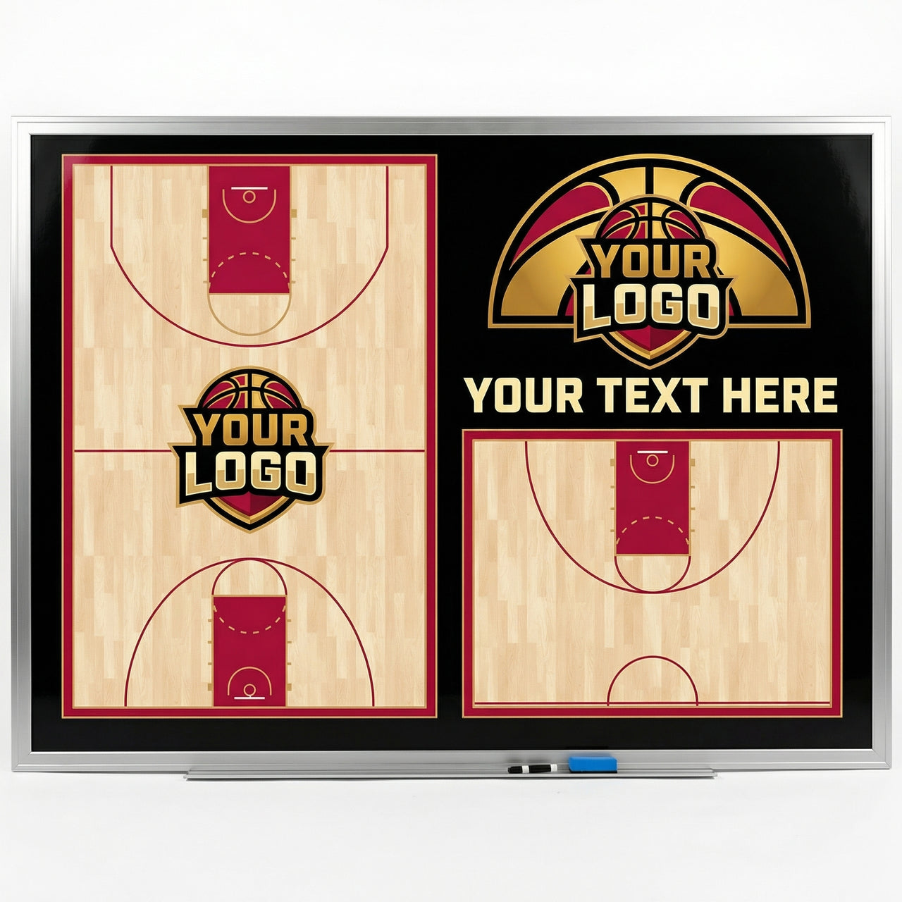 Custom basketball whiteboard with court diagrams, "YOUR LOGO" and "YOUR TEXT HERE" placeholders.