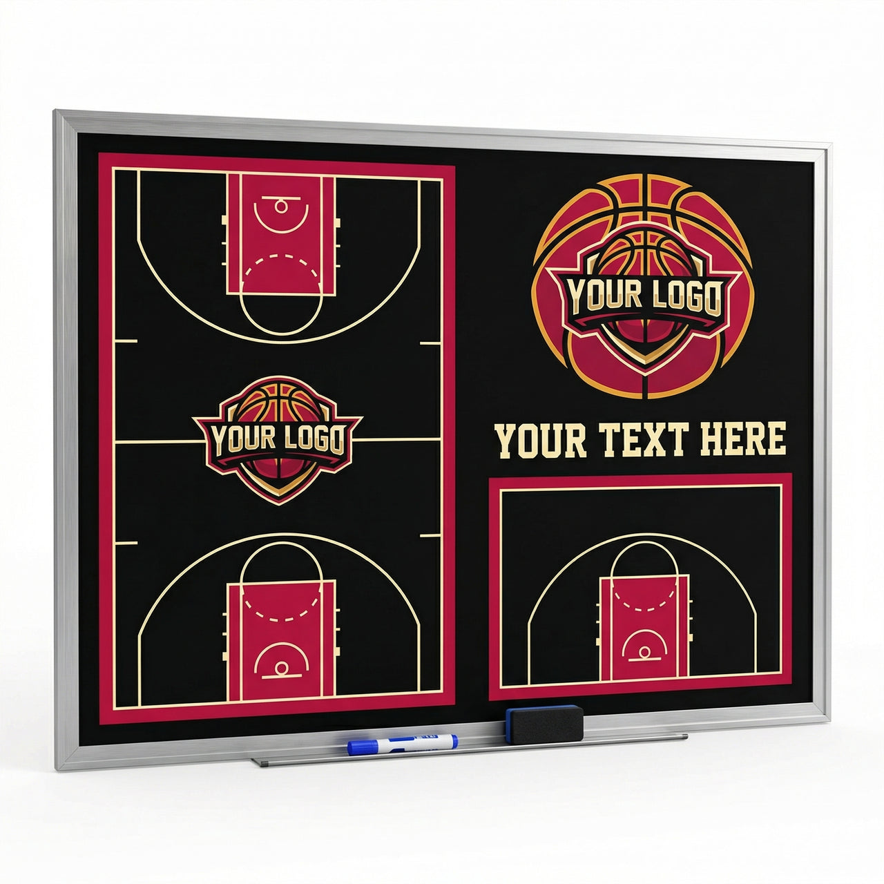 Custom basketball whiteboard with court diagrams, "YOUR LOGO" placeholders, and "YOUR TEXT HERE" area.