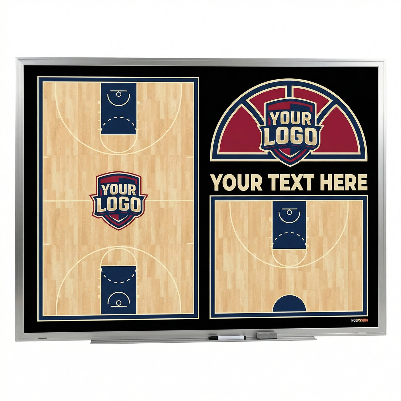 Custom basketball whiteboard with full court, half court, and logo sections.
