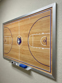 Thumbnail for Custom basketball court whiteboard with a wolf logo, framed in silver, with a marker and eraser on the tray.