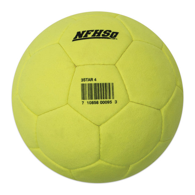 Yellow indoor soccer ball with "NFHS®" logo and "3STAR 4" barcode.