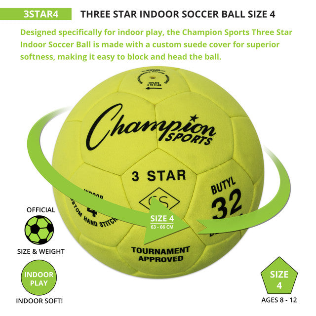 Yellow Champion Sports 3 Star indoor soccer ball, size 4, with green arrow graphic.