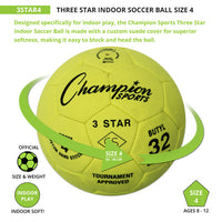 Thumbnail for Yellow Champion Sports 3 Star indoor soccer ball, size 4, with green arrow graphic.