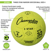 Thumbnail for Yellow Champion Sports 3-Star Indoor Soccer Ball, Size 4, with text details on features.