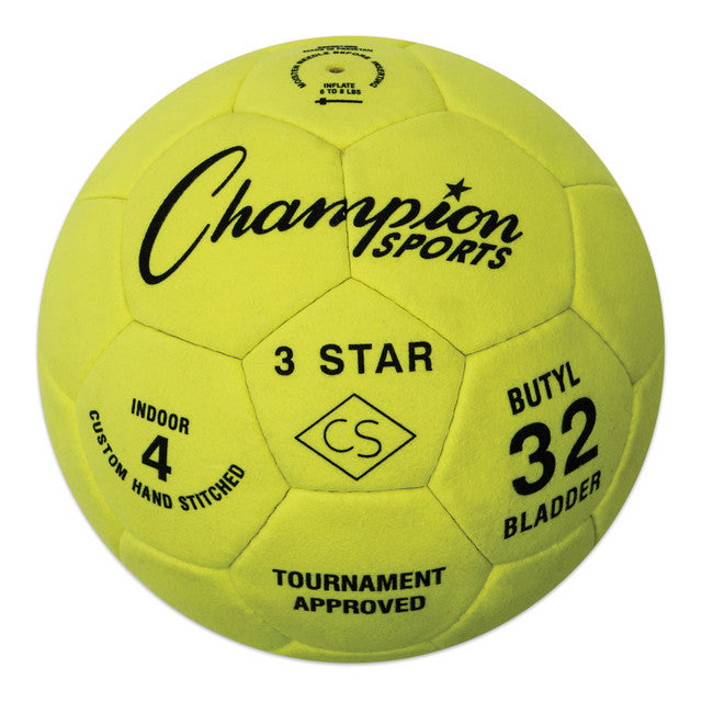 Yellow Champion Sports 3-star indoor soccer ball with black text and logo.