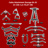 Thumbnail for Various cable machine attachments including bars, handles, and a storage rack on a red background.