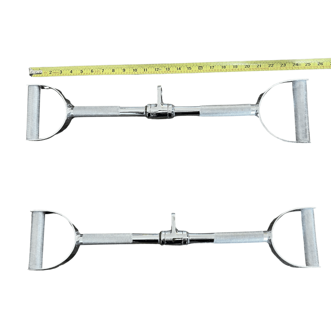 Two chrome lat bars with knurled D-handles, one with a yellow measuring tape showing 24 inches.