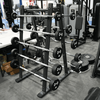 Thumbnail for Black urethane barbell set on a rack, ranging from 20 to 60 lbs, in a gym setting.
