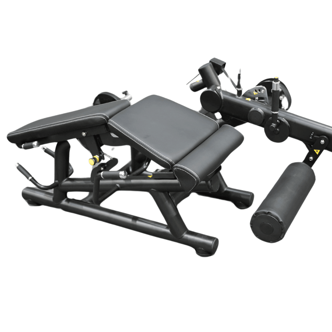 Black leg extension and curl machine with padded seat and rollers on a white background.