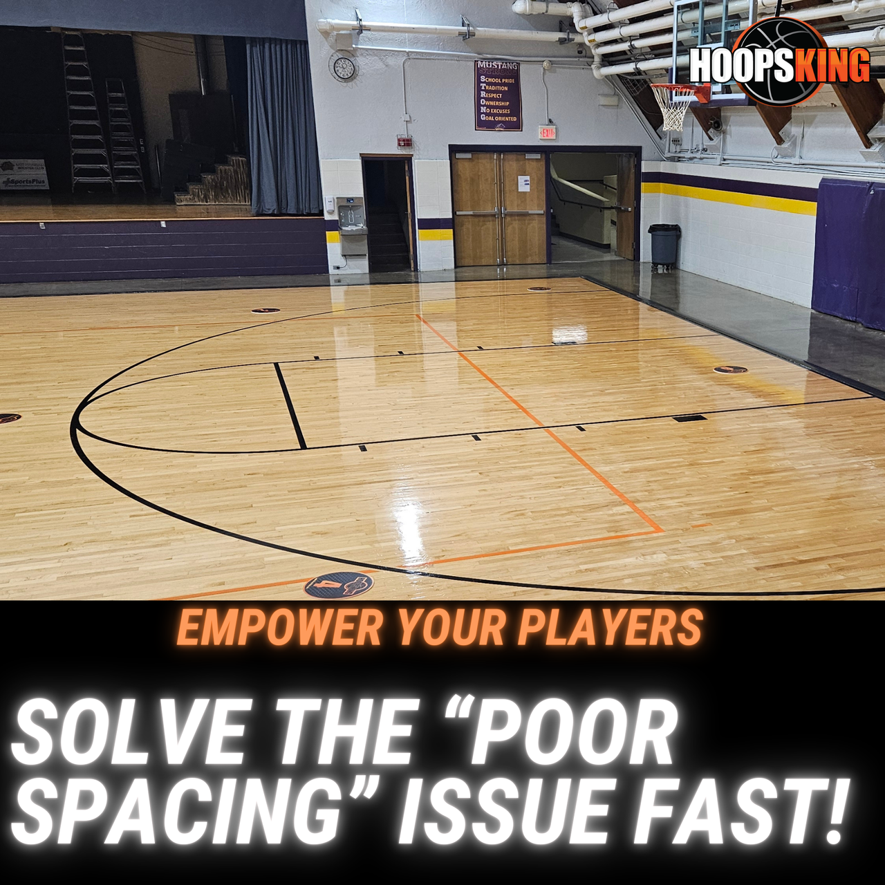 Basketball court with orange and black spacing markers, "Empower Your Players" and "Solve the Poor Spacing Issue Fast!