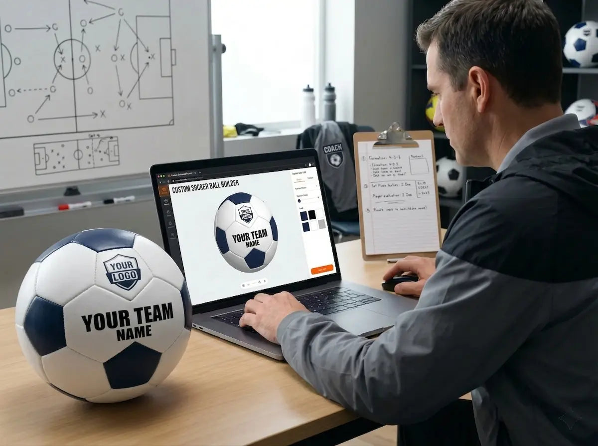 Man customizing a soccer ball on a laptop, with a physical custom soccer ball on the desk.