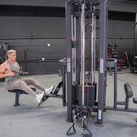 Thumbnail for Man using a 4-stack jungle gym for low rows, showing the multi-station cable machine in a gym.