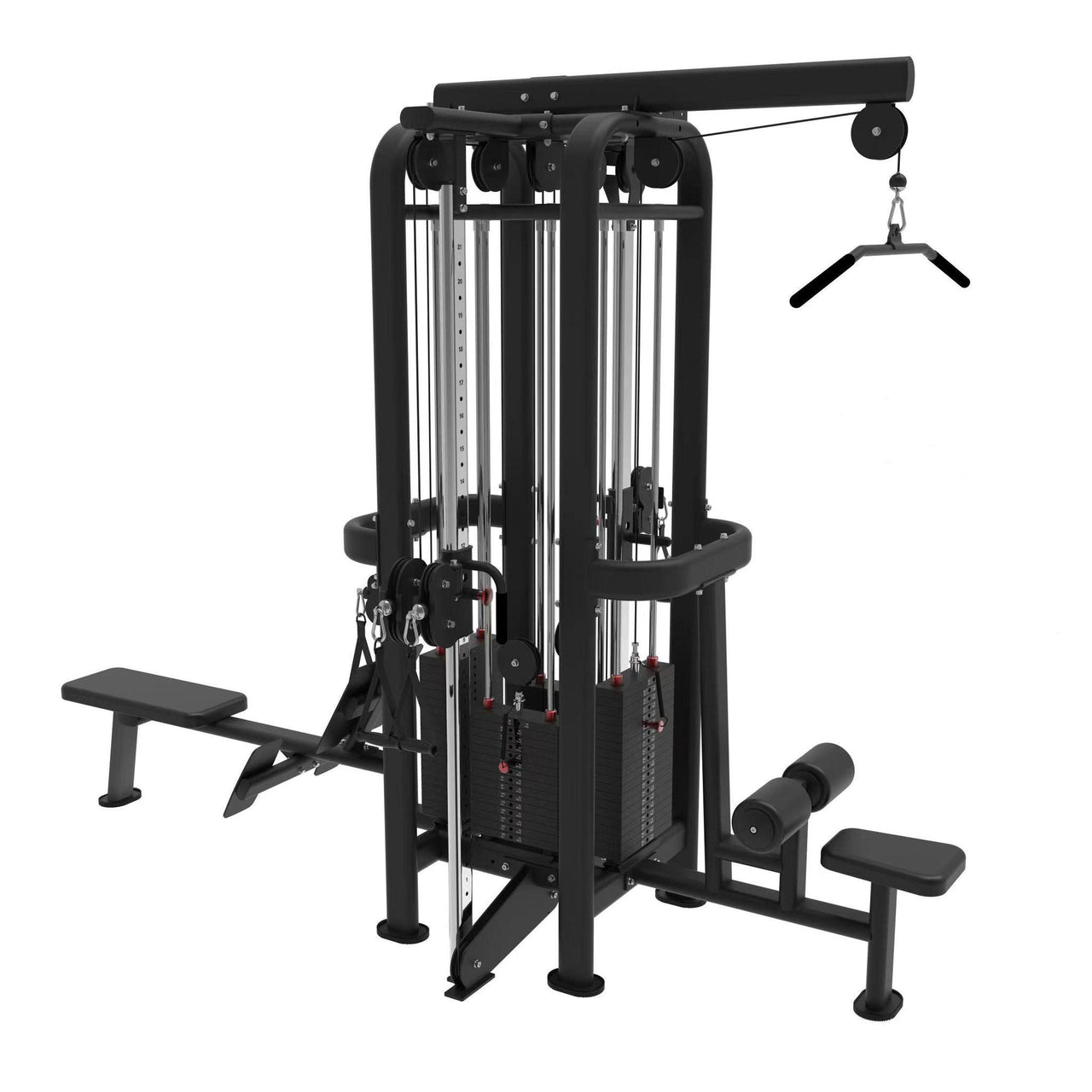 Black 4-stack jungle gym with lat pulldown, low row, and two adjustable hi/low pulleys.
