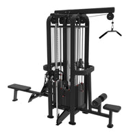 Thumbnail for Black 4-stack jungle gym with lat pulldown, low row, and two adjustable hi/low pulleys.