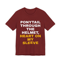 Thumbnail for Ponytail Through The Helmet, Heart On My Sleeve — Softball T-Shirt