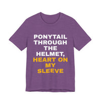 Thumbnail for Ponytail Through The Helmet, Heart On My Sleeve — Softball T-Shirt