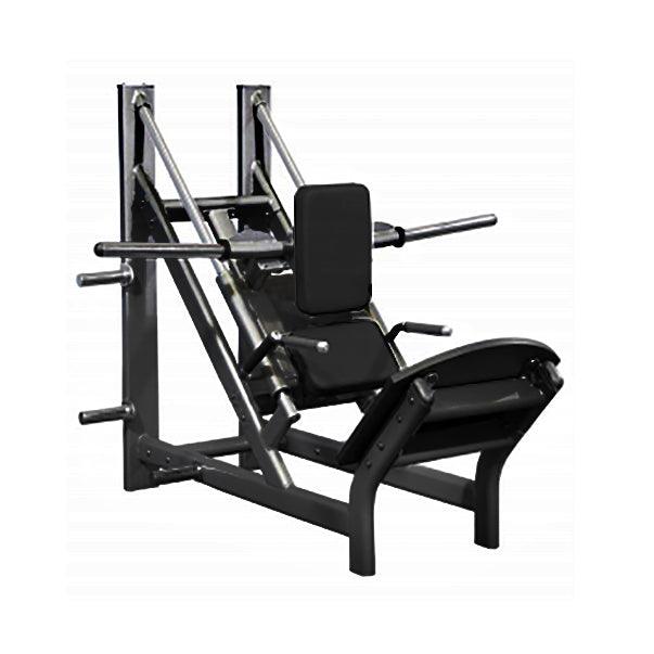 Black 45-degree linear calf hack machine with padded seat and backrest.