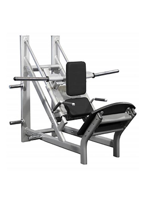 Silver and black 45-degree linear calf hack machine with integrated weight plate storage.