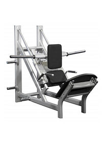Thumbnail for Silver and black 45-degree linear calf hack machine with integrated weight plate storage.