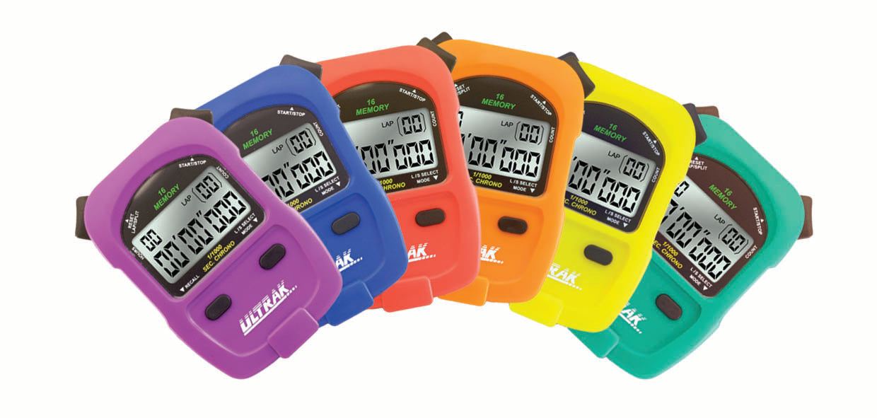 Six stopwatches in purple, blue, red, orange, yellow, and teal, fanned out on a white background.