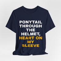 Thumbnail for Ponytail Through The Helmet, Heart On My Sleeve — Softball T-Shirt