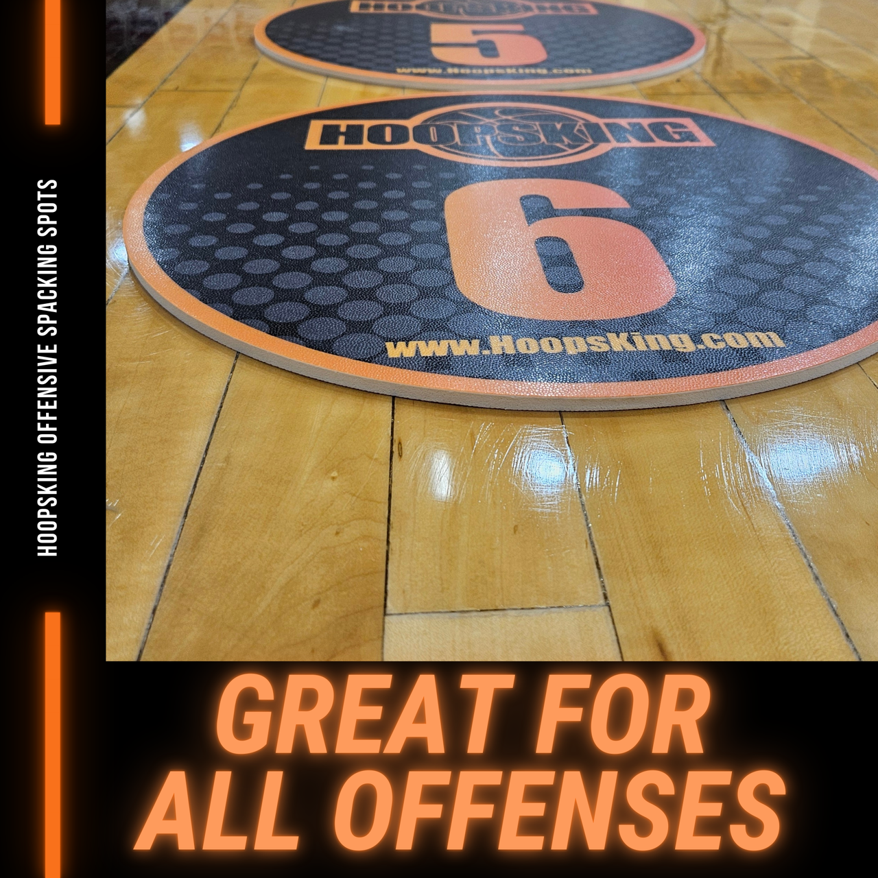 Two round black and orange HoopsKing training spot markers with numbers 5 and 6 on a wooden court.
