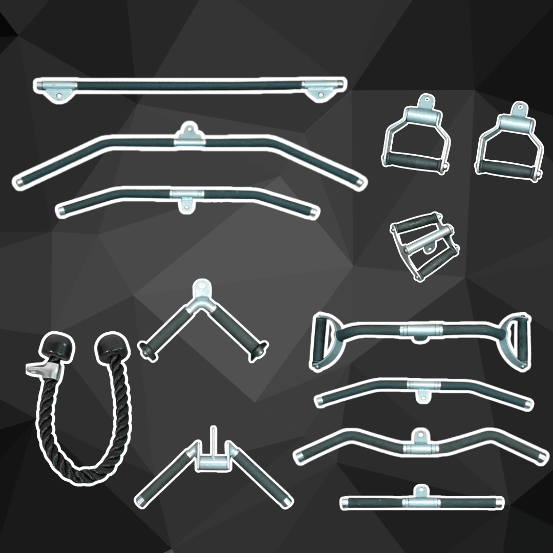 A collection of gym cable machine attachments including various bars, handles, and a triceps rope.
