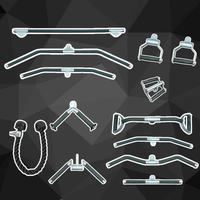 Thumbnail for A collection of gym cable machine attachments including various bars, handles, and a triceps rope.