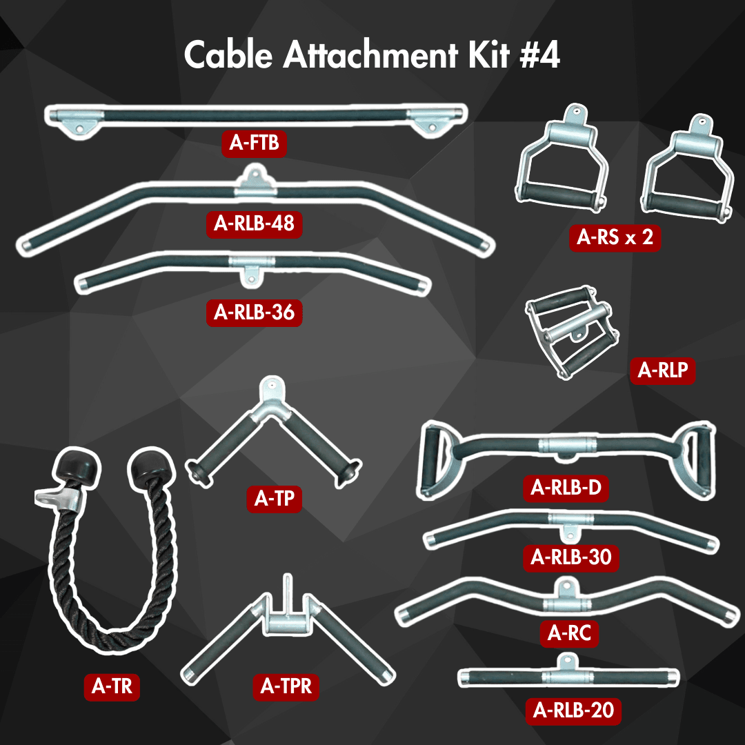 A collection of various black and silver cable machine attachments, including ropes, bars, and handles.