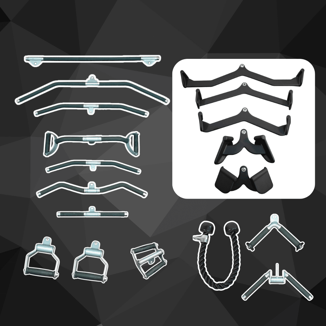 A large collection of cable machine attachments, including various bars, handles, and ropes.