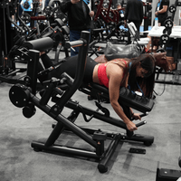 Thumbnail for Woman performing leg curls on a black plate-loaded quad and hamstring machine.