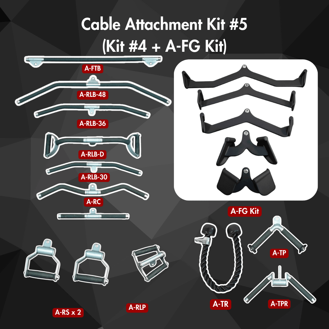 A large collection of various cable machine attachments, including bars, handles, and ropes.