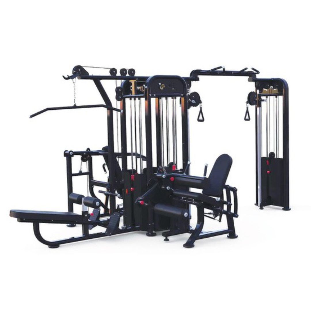 Black 5-stack compact multi-gym with lat pull, low row, bench press, and leg extension/curl stations.