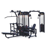 Thumbnail for Black 5-stack compact multi-gym with lat pull, low row, bench press, and leg extension/curl stations.