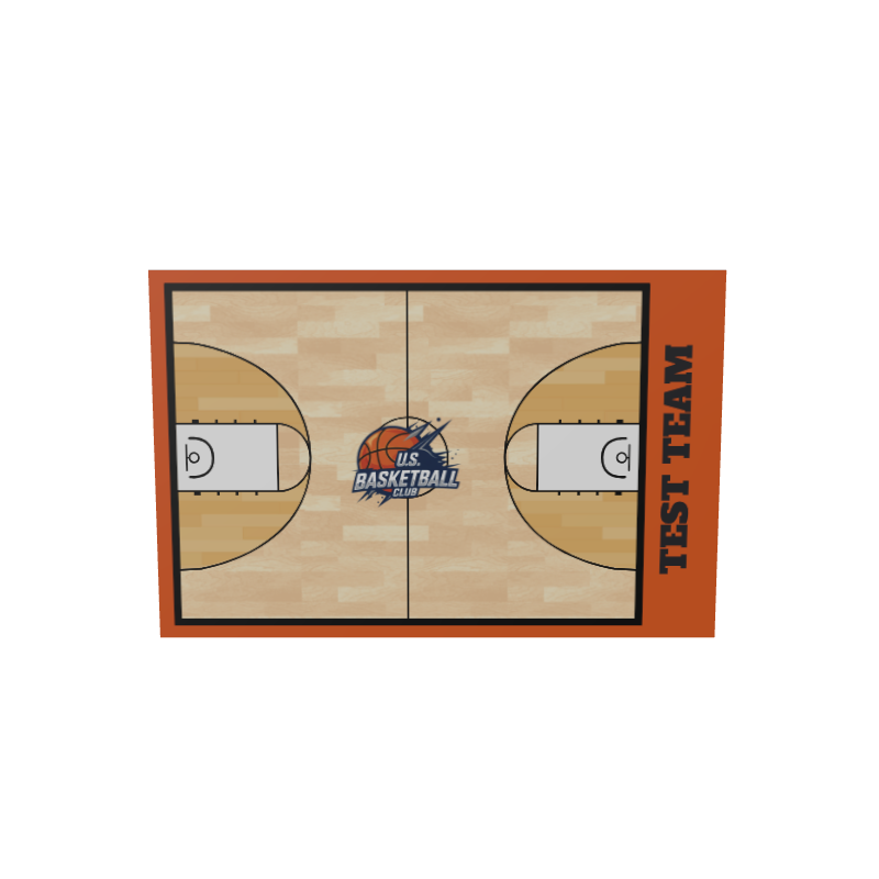 Basketball court whiteboard with "US Basketball Club" logo and "TEST TEAM" text on orange border.