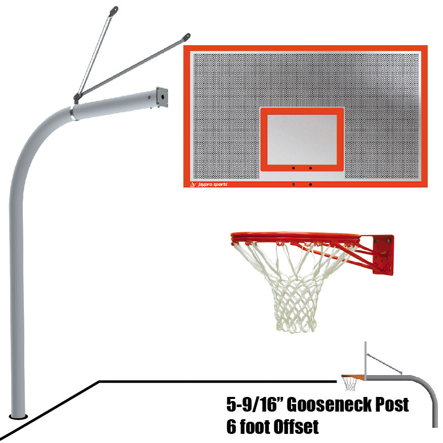 Basketball System - Gooseneck (5-9/16 in. Pole with 6 ft. Offset) - 72 in. Perforated Aluminum Backboard - Double Rim Goal