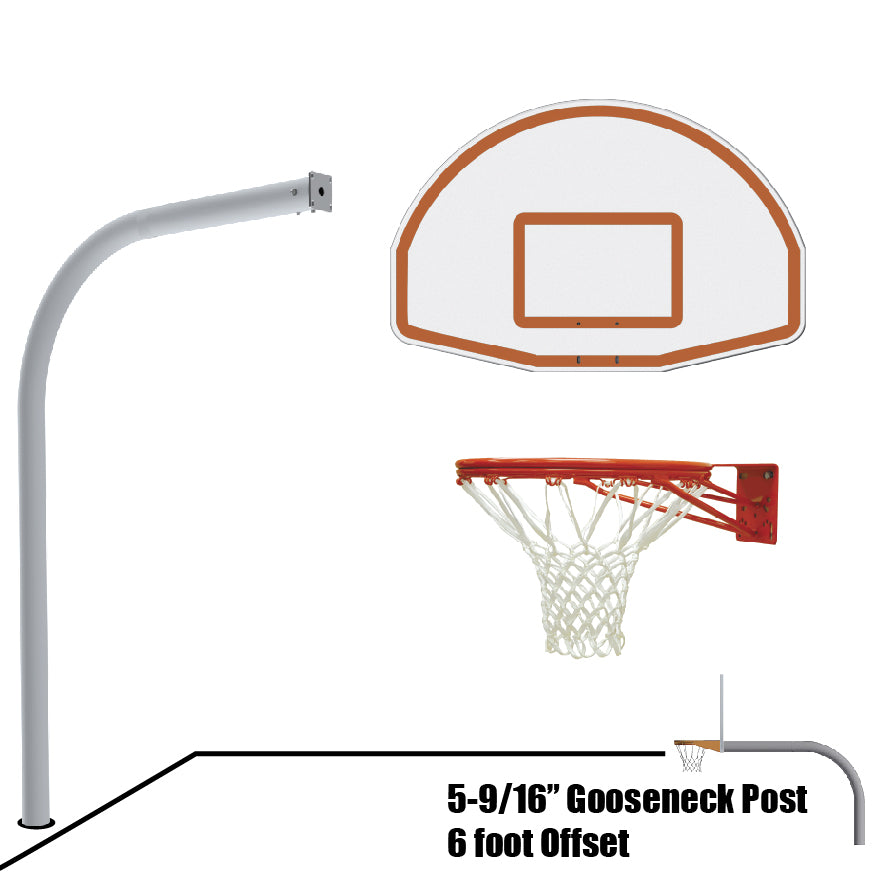 Basketball System - Gooseneck (5-9/16 in. Pole with 6 ft. Offset) - 54 in. Aluminum Fan Backboard - Double Rim Goal