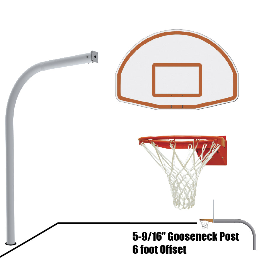 Basketball System - Gooseneck (5-9/16 in. Pole with 6 ft. Offset) - 54 in. Aluminum Fan Backboard - Flex Rim Goal