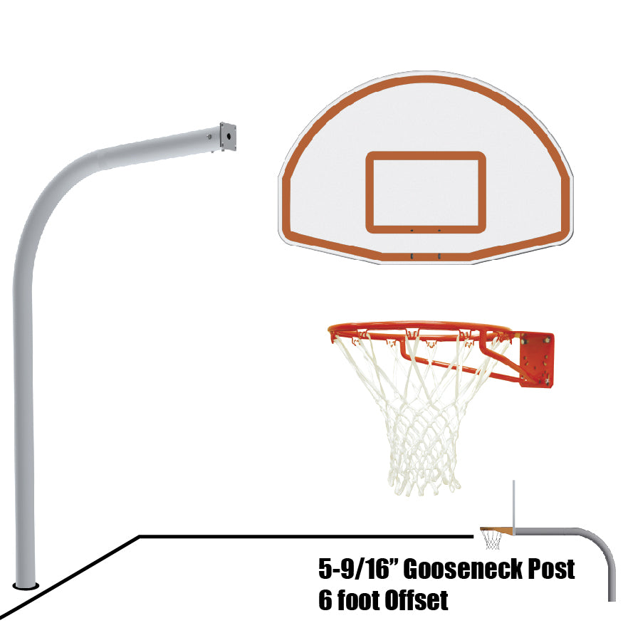 Basketball System - Gooseneck (5-9/16 in. Pole with 6 ft. Offset) - 54 in. Aluminum Fan Backboard - Super Goal