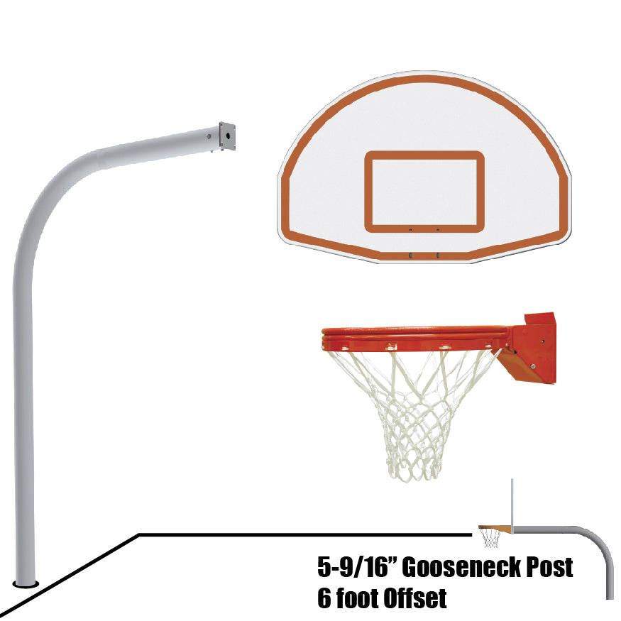 Basketball System - Gooseneck (5-9/16 in. Pole with 6 ft. Offset) - 54 in. Aluminum Fan Backboard - Playground Breakaway Goal