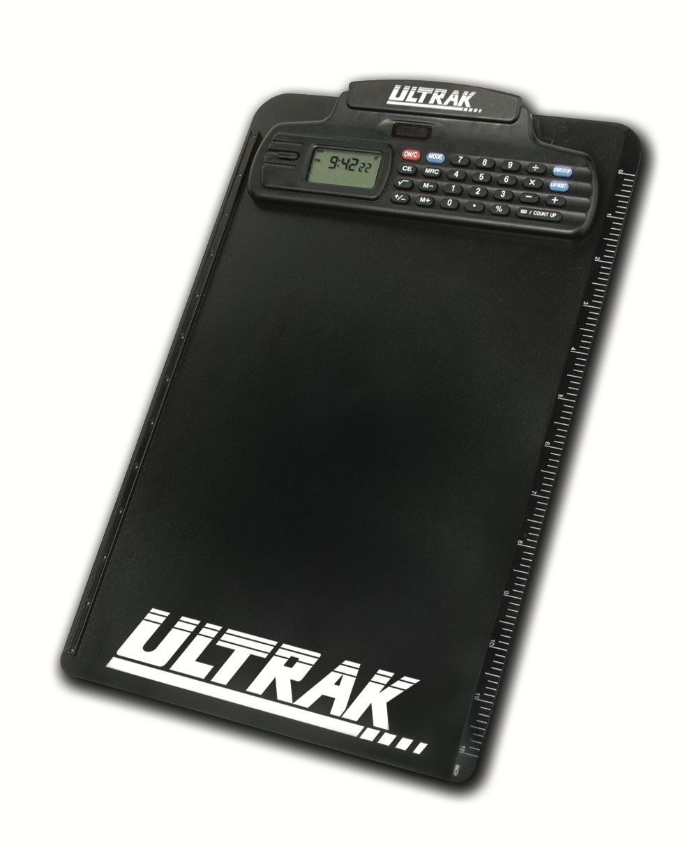 Black clipboard with an integrated calculator, stopwatch, and ruler on the right edge.